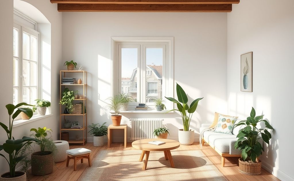 A serene, clutter-free room with natural light and plants.