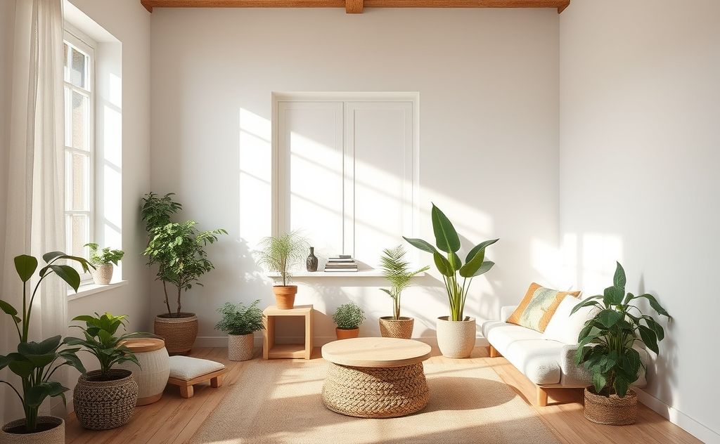 A serene, clutter-free room with soft natural light and plants.