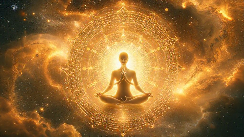 A serene, ethereal figure meditating within a glowing mandala, pulsating with cosmic energy. Soft, golden light bathes the scene, illuminating swirling nebulae and astrological charts.