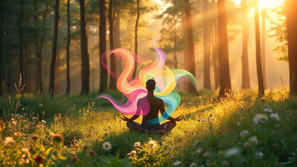 A serene, glowing forest clearing bathed in soft, golden sunlight. A figure meditates amidst wildflowers, with swirling, pastel colors emanating from their form, symbolizing inner peace and stress relief.