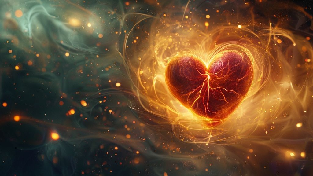 A serene, glowing heart surrounded by swirling, dark energy dissipating into soft light. Focus on breath as golden threads connect heart to calm space, a quiet, ethereal realm.
