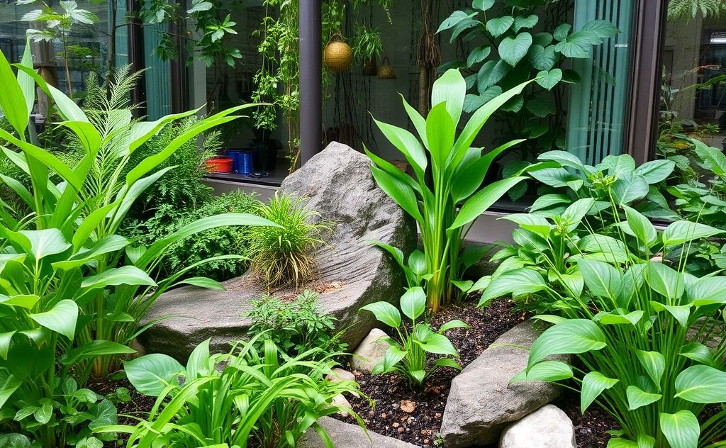 A serene, green environment with plants and natural elements.