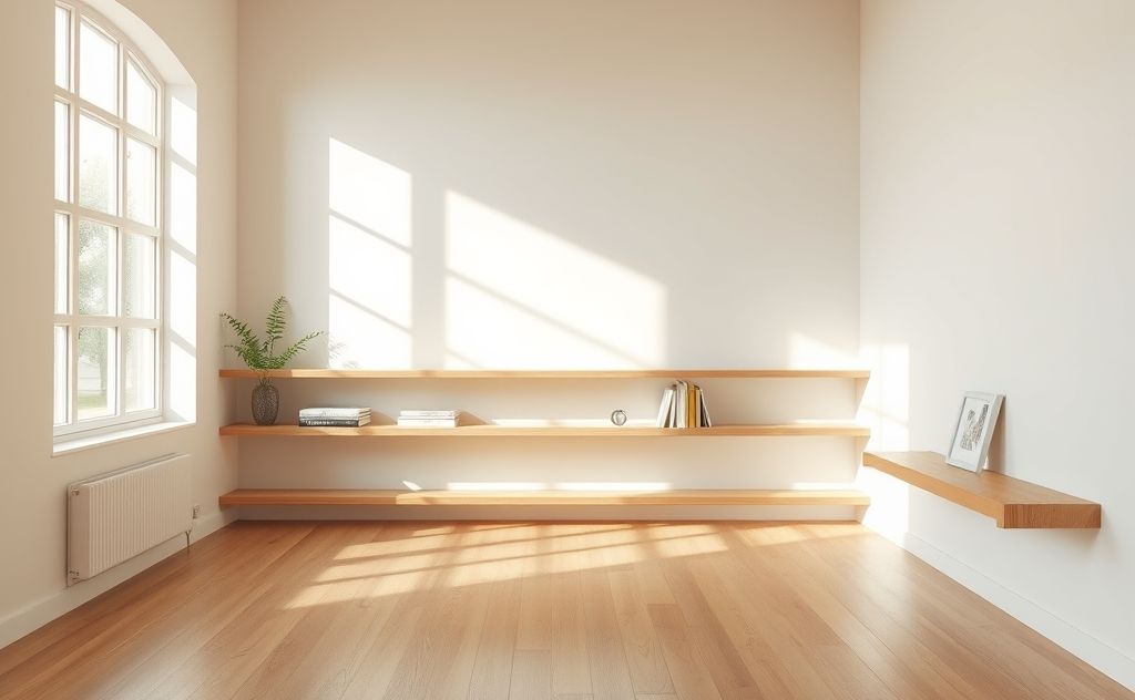 A serene, minimalist room with decluttered shelves and natural light.