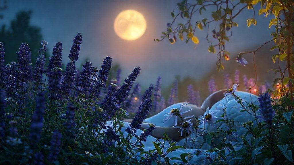 A serene, moonlit garden. Lavender and chamomile bloom, glowing softly. Passionflower vines drape over a figure in deep relaxation. Ethereal light, mystic atmosphere, 4k.