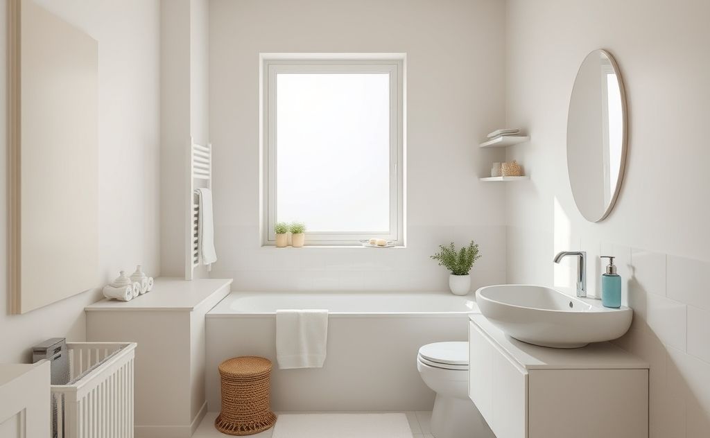 A serene, organized bathroom showcasing minimalist design elements.