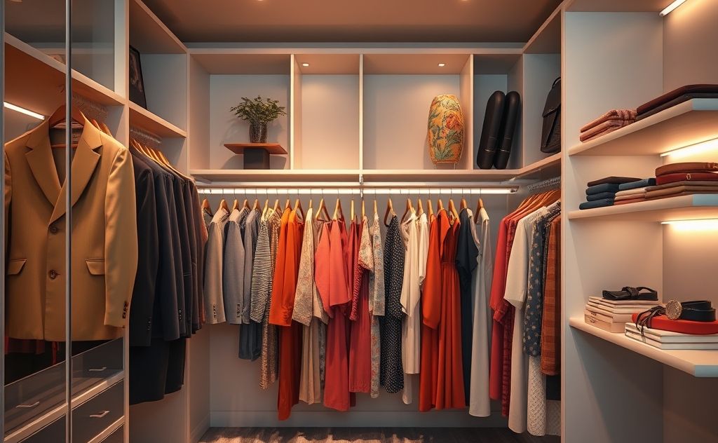 A serene, organized closet with neatly arranged clothing and accessories.
