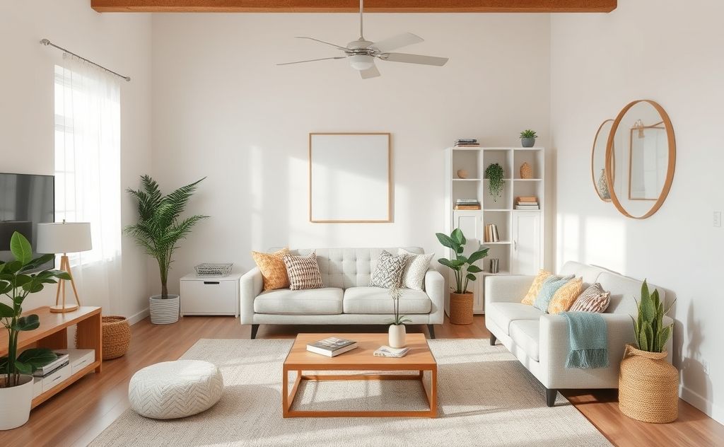 A serene, organized living room with neatly arranged items.