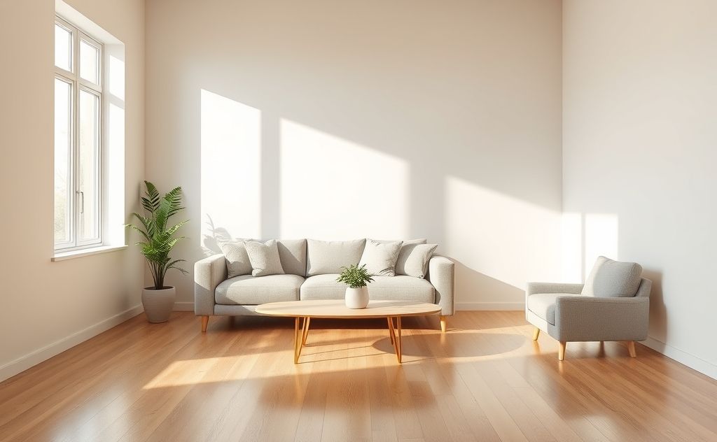 A serene, organized living space with minimal decor and open surfaces.
