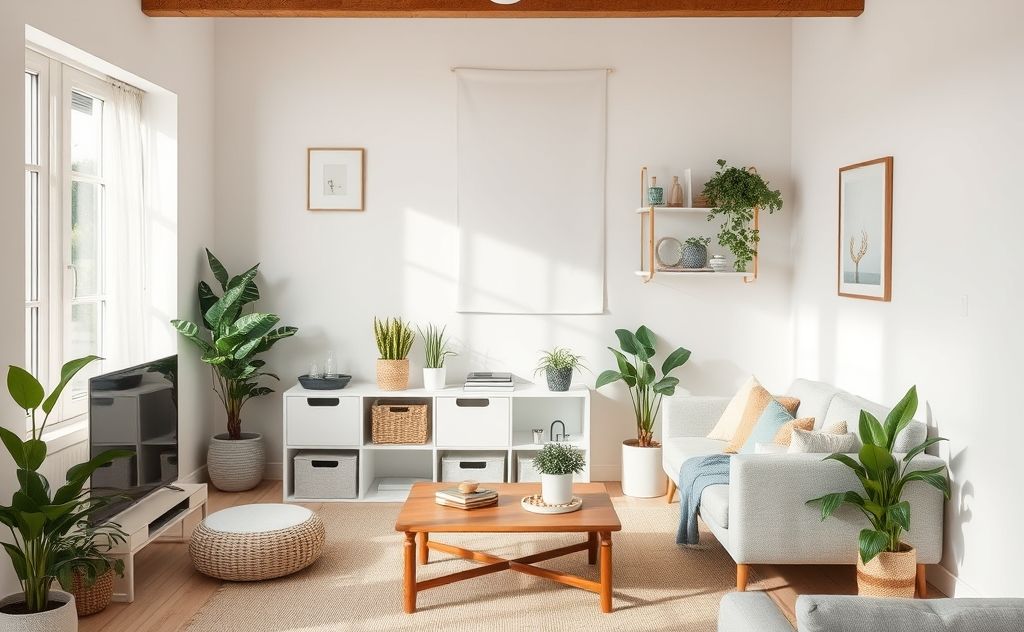 A serene, organized living space with neatly arranged items and plants.