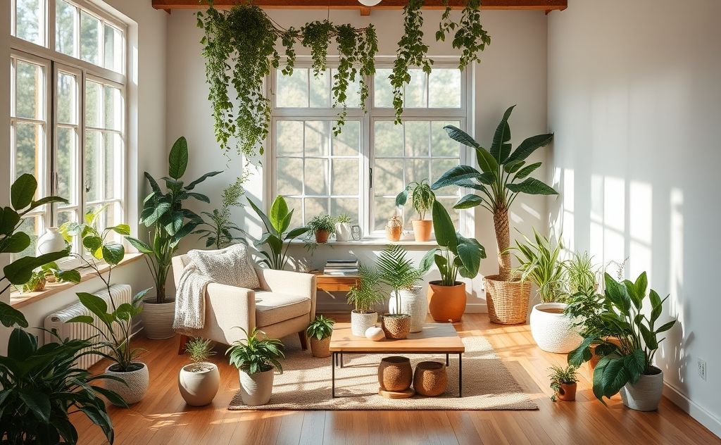 A serene, organized living space with plants and natural light.