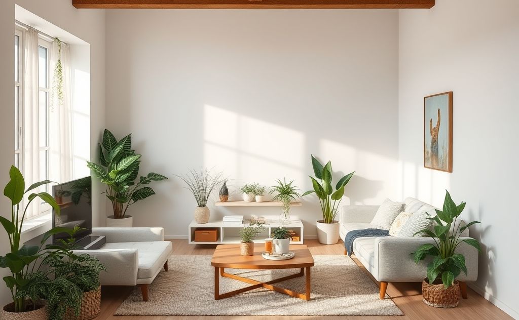 A serene, organized living space with plants and soft lighting.