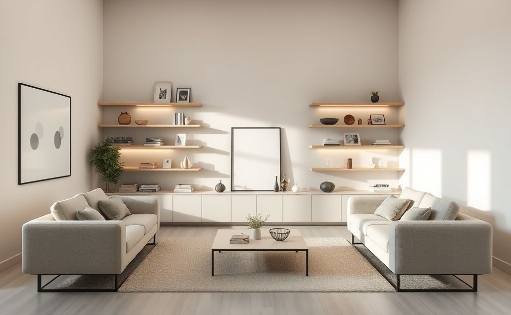 A serene, organized minimalist living space with tidy shelves and decor.