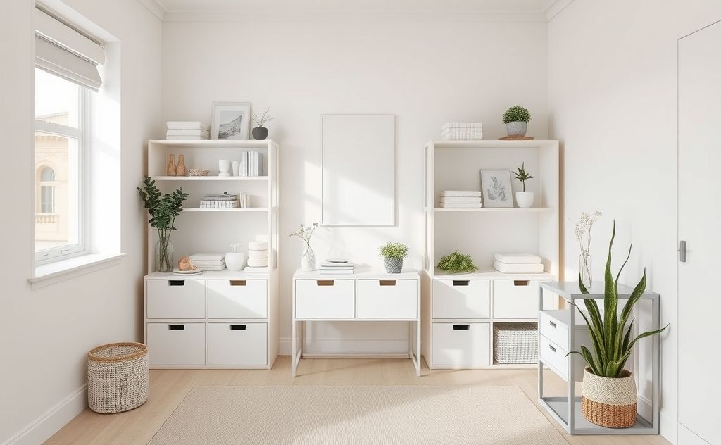 A serene, organized room with minimalist decor and clear surfaces.