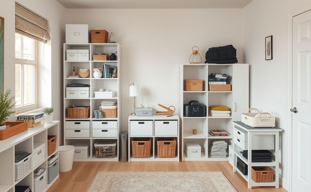 A serene, organized room with neatly arranged items and decluttered spaces.