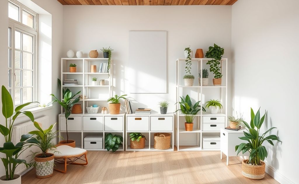 A serene, organized room with neatly arranged items and plants.