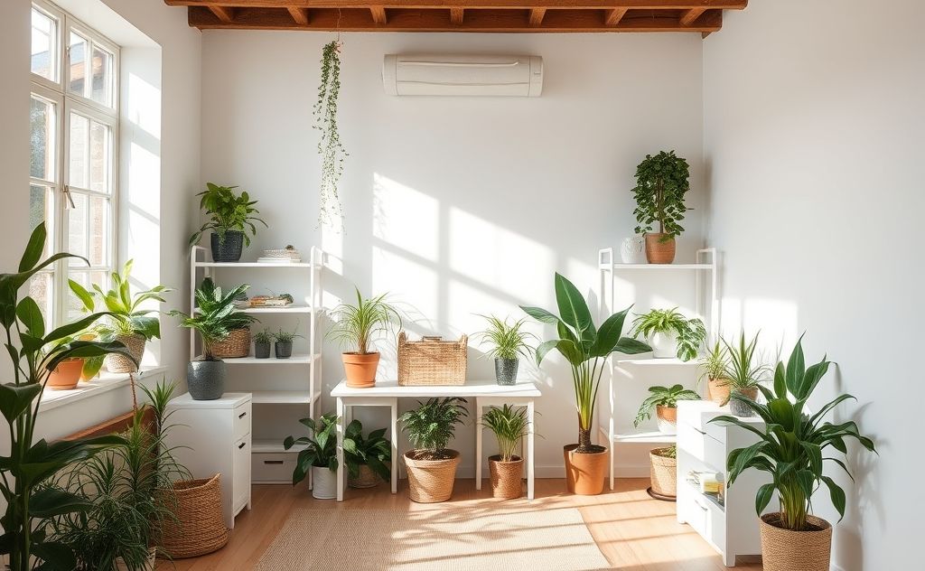 A serene, organized room with plants and natural light.