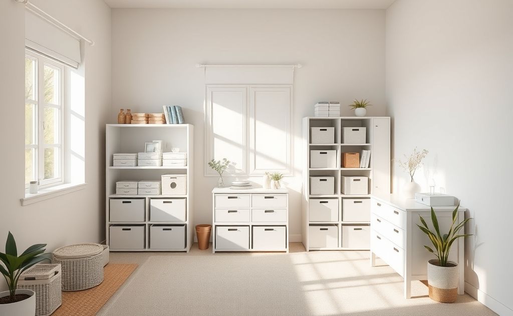 A serene, organized room with soft colors and natural light.