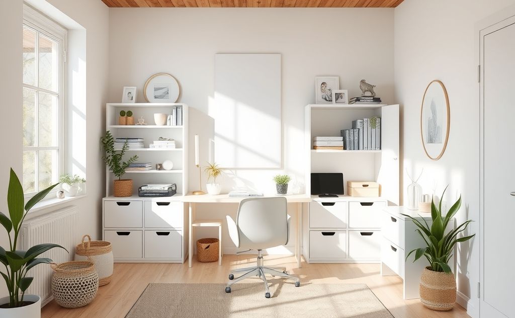 A serene, organized space with minimal decor and natural light.