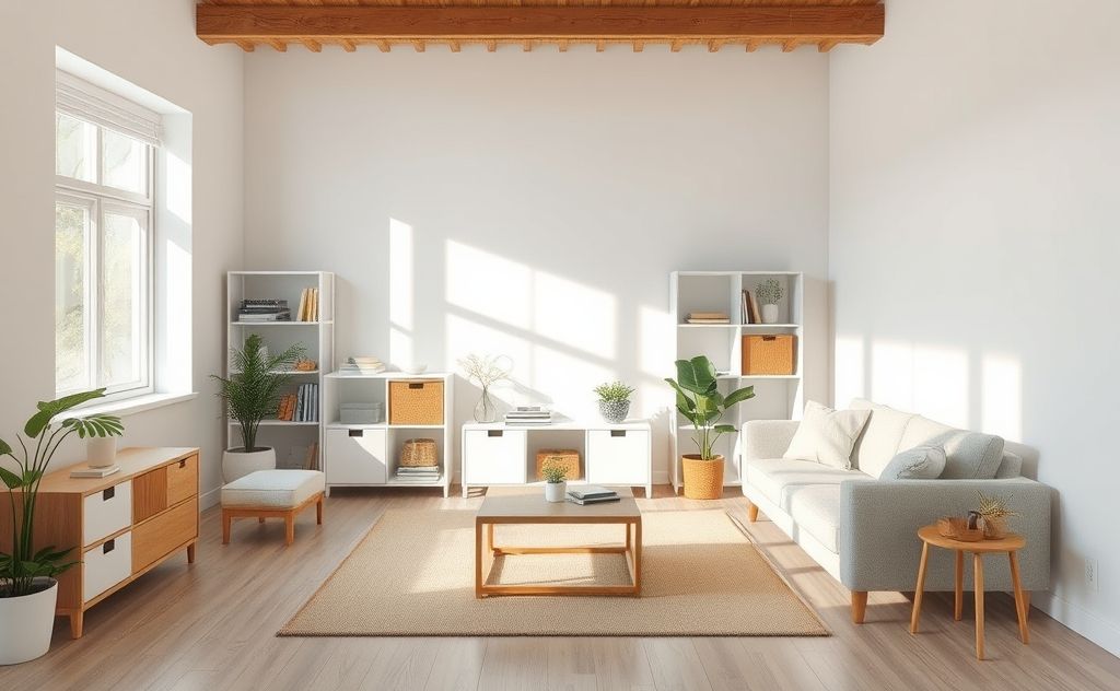 A serene, organized space with minimal furniture and natural light.