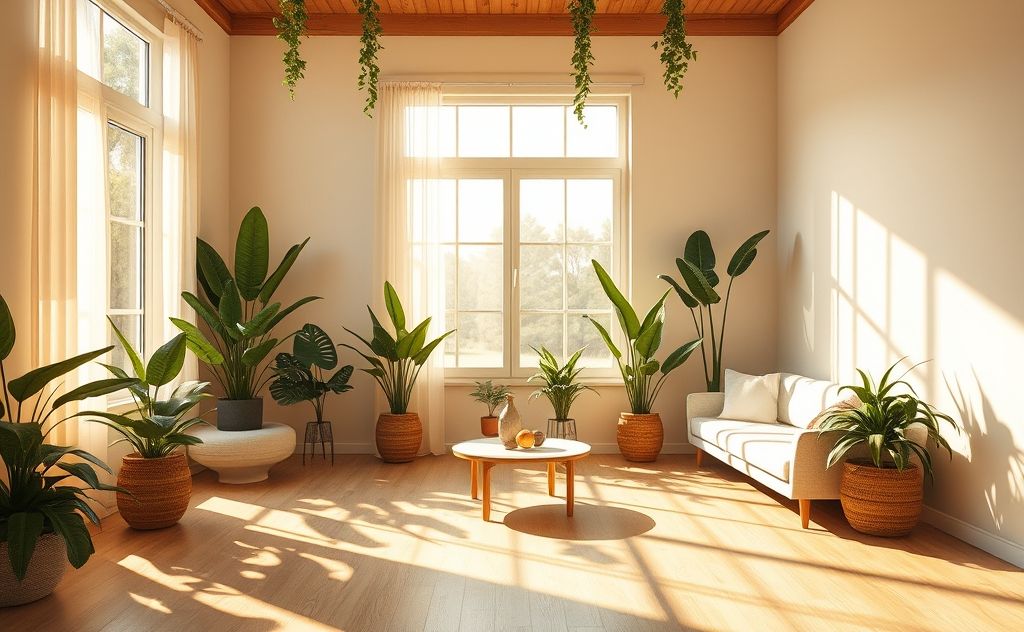 A serene, organized space with sunlight and plants enhancing tranquility.