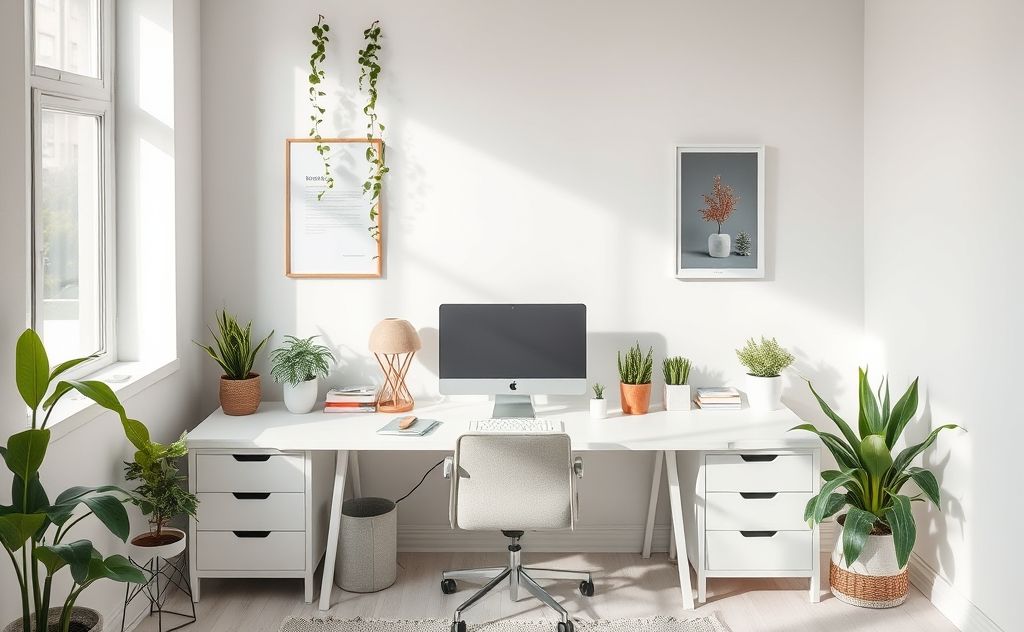A serene, organized workspace with minimalistic decor and plants.