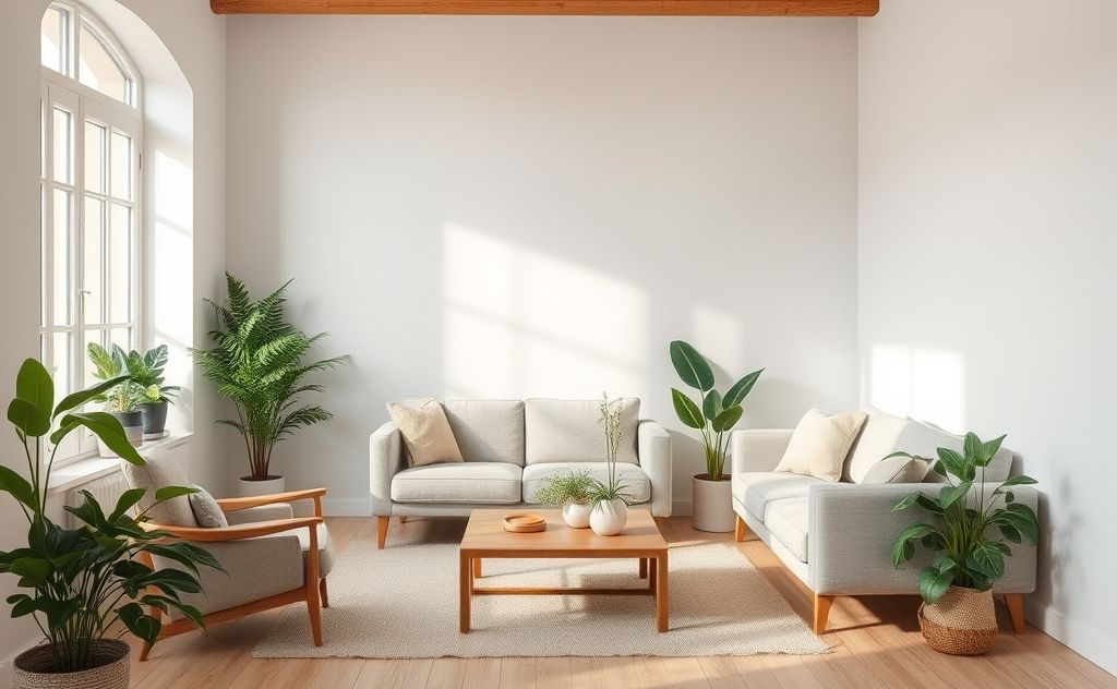 A serene, tidy living room with plants and soft lighting.