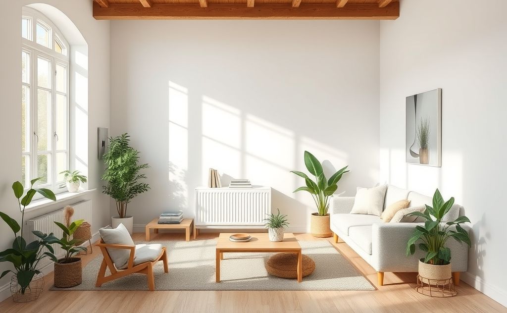 A serene, tidy living space with natural light and plants.