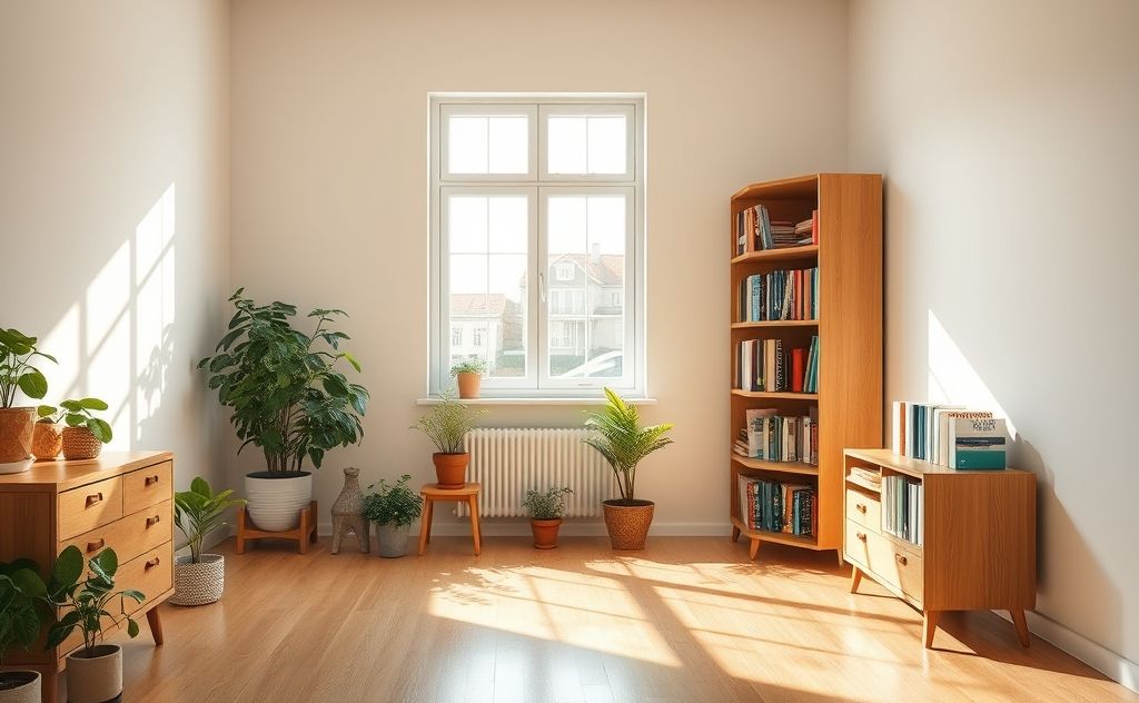 A serene, tidy room with sunlight streaming through a window.