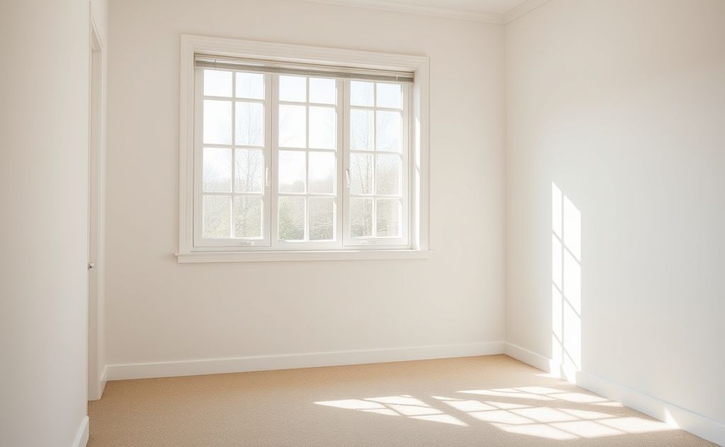 A serene, tidy room with sunlight streaming through clean windows.