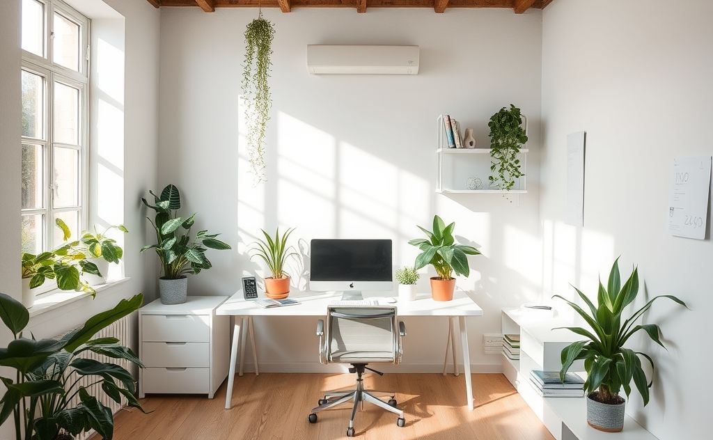 A serene, tidy workspace with plants and natural light.