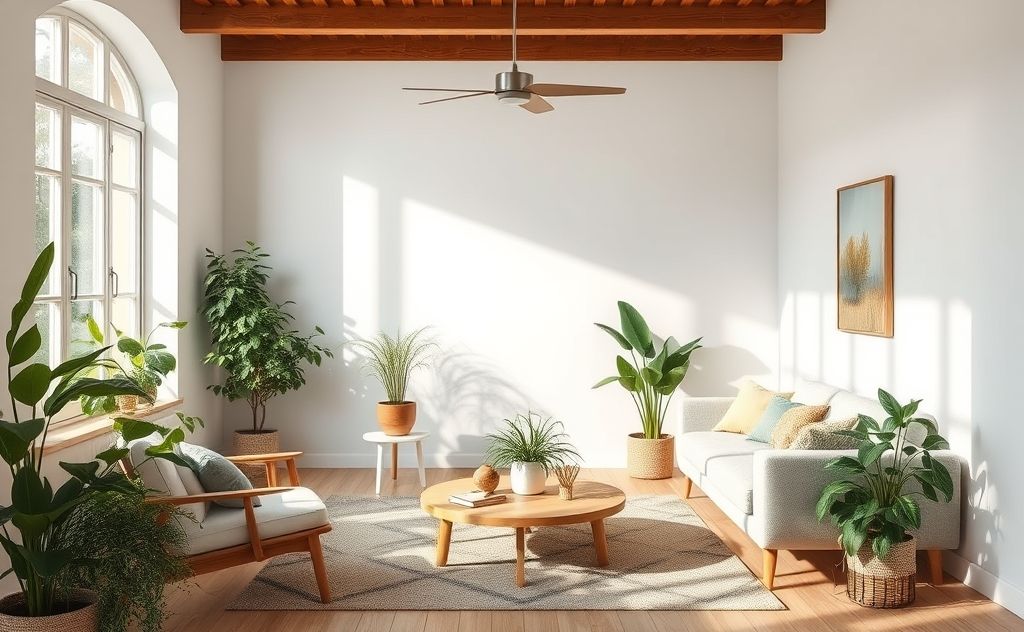 A serene, toxin-free living room with plants and natural light.