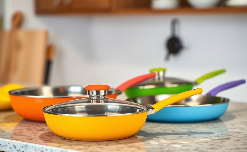 A set of colorful bird-safe frying pans on a kitchen countertop.