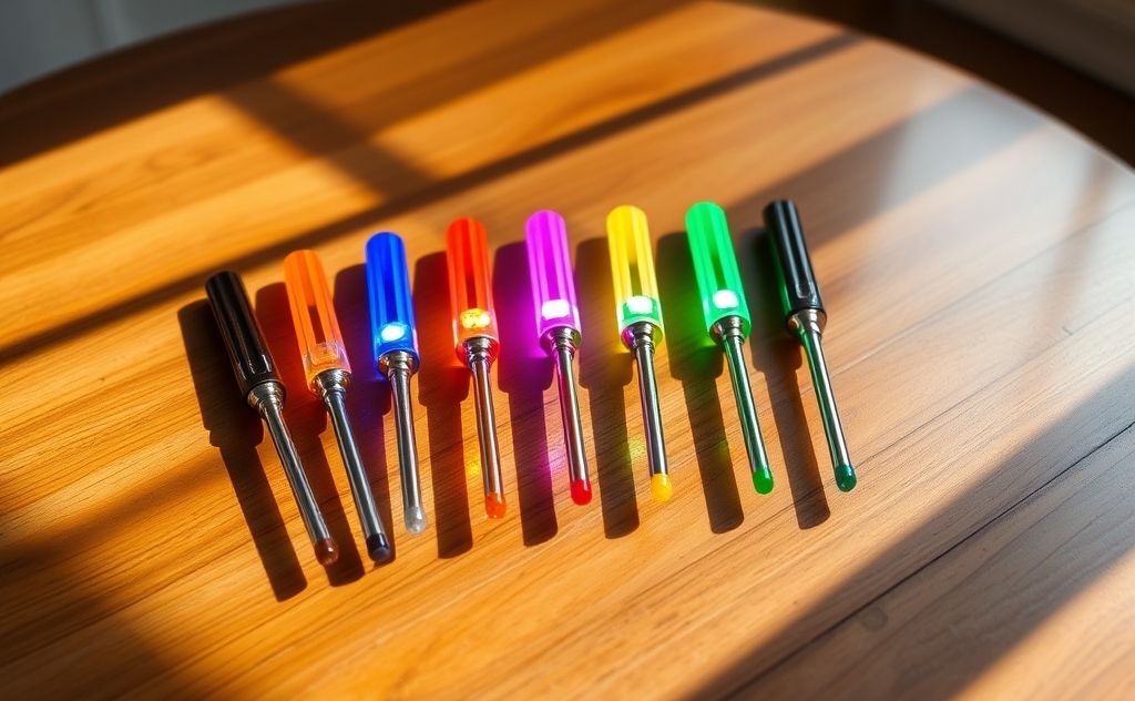 A set of colorful chakra tuning forks arranged on a wooden surface.