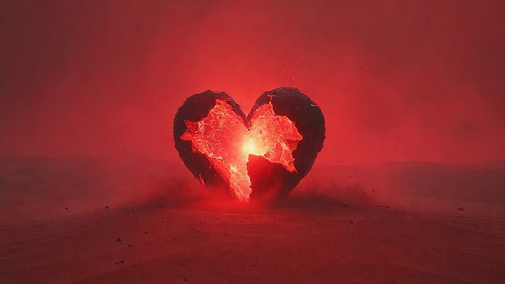 A shattered heart of obsidian, radiating a dim, dying light in a desolate, crimson desert. Ghostly, translucent dream fragments drift through the air, swallowed by swirling sand. Mystic, ethereal, 4k, cinematic.