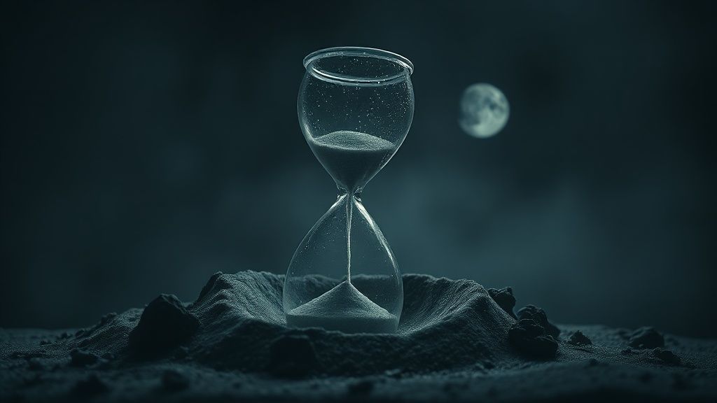 A shattered hourglass buried in deep shadows, sand swirling like lost hope. Pale moonlight illuminates a solitary, wilting flower. Mystic, ethereal, 4k, cinematic.