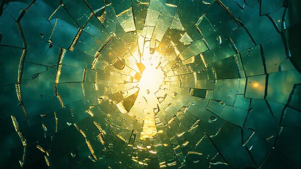 A shattered mirror reflecting distorted societal expectations, fragments swirling in ethereal blues and greens. Light pierces through, revealing a path towards self, bathed in gold. Mystic, cinematic.