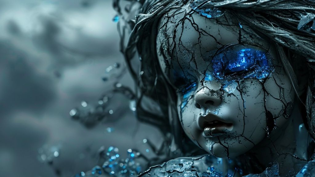 A shattered porcelain doll, cracks laced with ethereal blue light, weeping metallic tears. Dark, swirling void consuming a frail, decaying figure, under a suffocating grey sky.