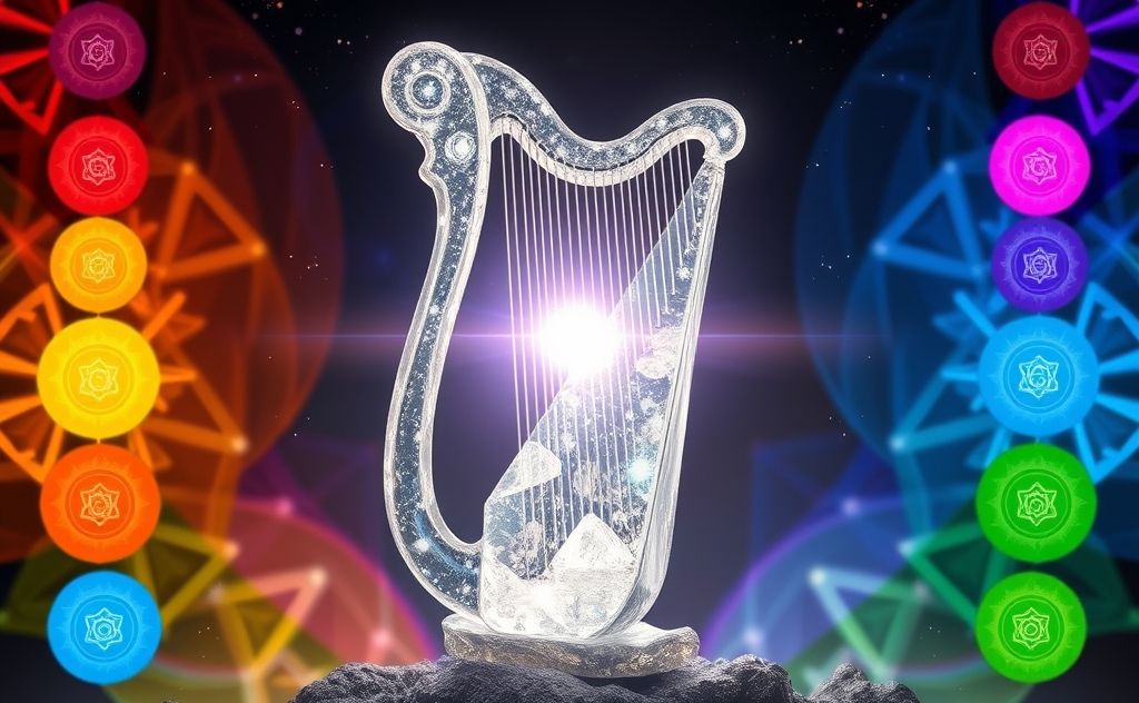 A shimmering crystal harp surrounded by colorful chakra symbols.
