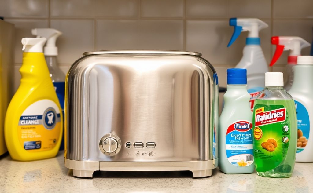 A shiny toaster surrounded by cleaning supplies on a kitchen counter.