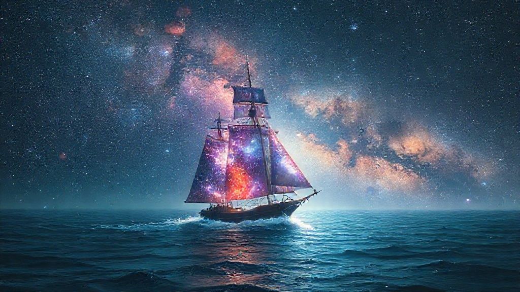 A ship sails through a starlit cosmos. Its sails, vibrant with nebulae, guide towards a fragmented puzzle of destiny. Ethereal light illuminates the vessel, emphasizing the solitary journey.