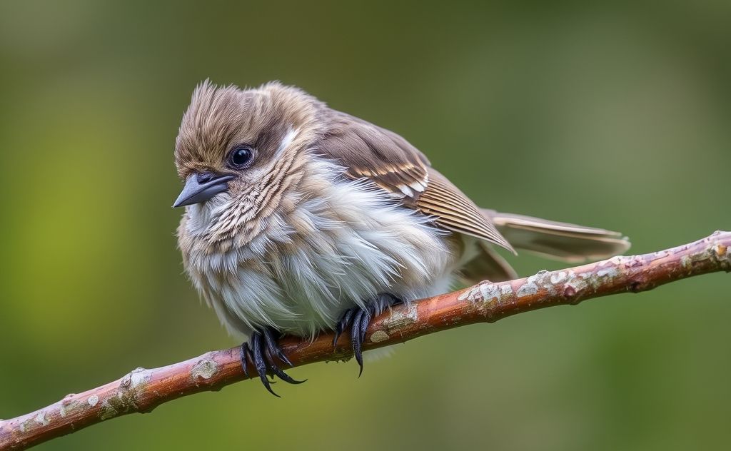 A sick bird resting on a branch with droopy feathers.
