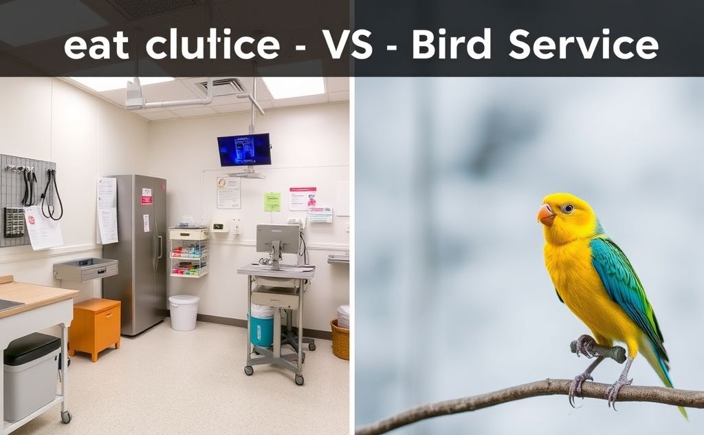 A side-by-side comparison of a vet clinic and a bird service setup.