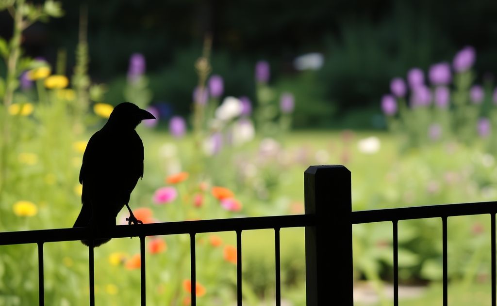 A silhouette of a crow perched on a fence with a garden in the background.