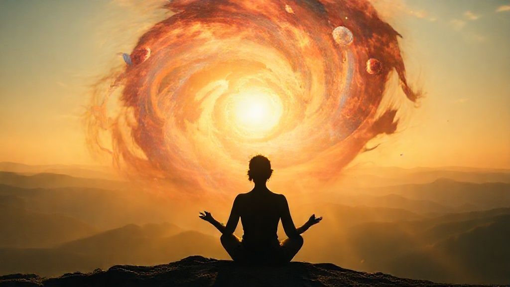 A silhouetted figure in lotus pose, bathed in soft golden light, observes a swirling vortex of vibrant, shifting emotions. Transparent layers, like veils, reveal a serene landscape beneath.