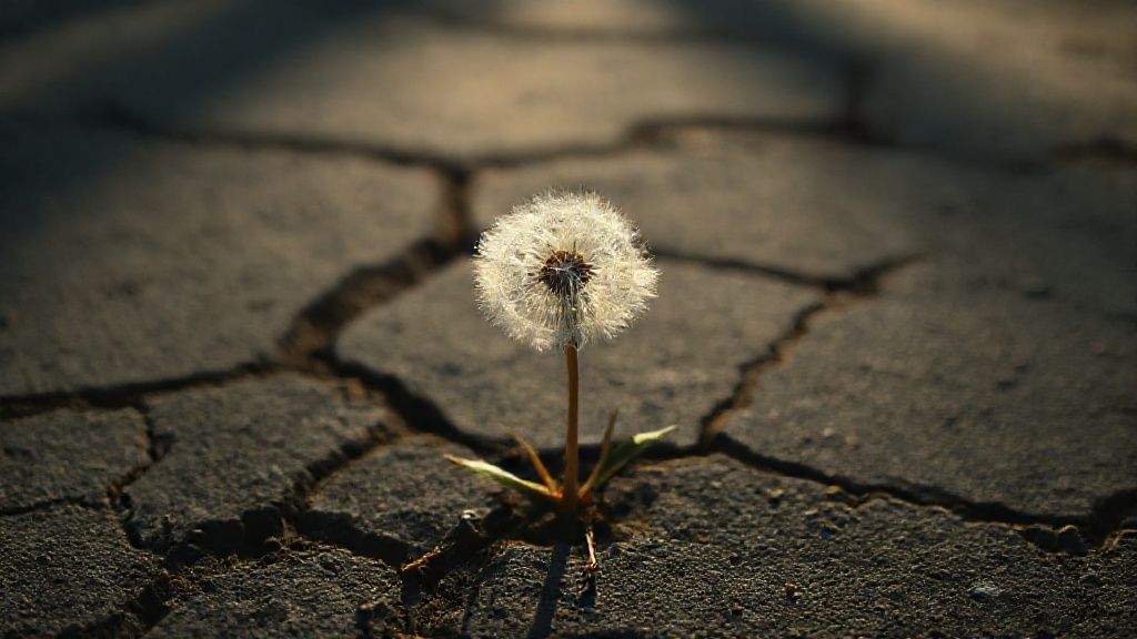 A single dandelion, glowing with ethereal light, stubbornly pushing through cracked, shadowed pavement. Mystic, 4k, cinematic, with soft light hinting at hope beyond.