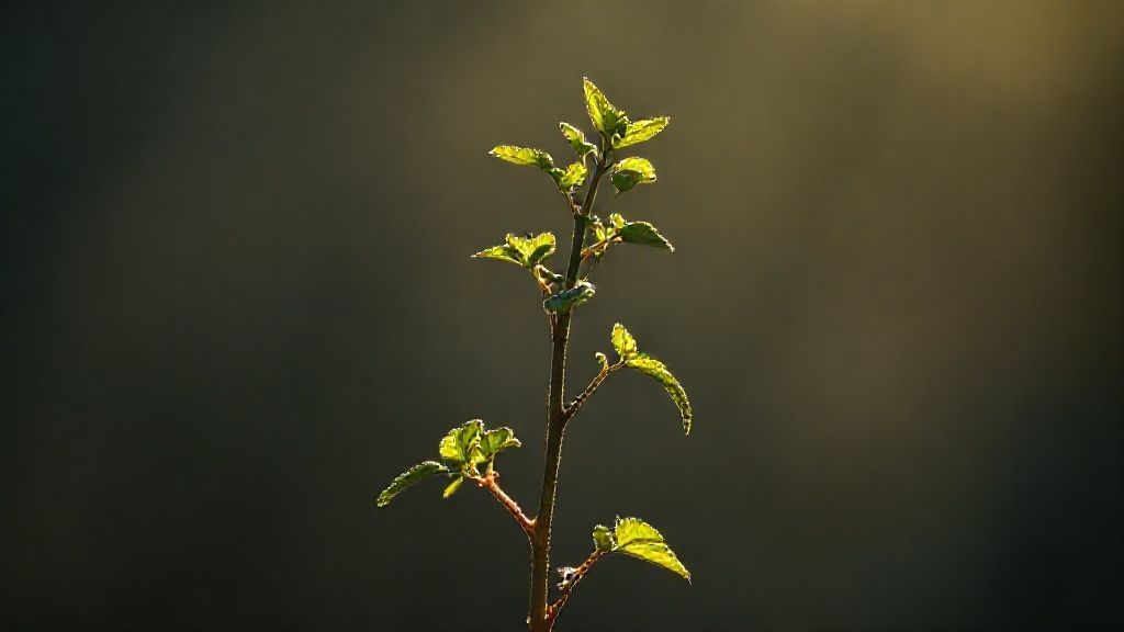 A single, resilient plant, pruned back, bathed in soft ethereal light. Its new growth glows with vibrant greens against a dusky, compassionate background, showcasing rebirth. Cinematic, 4k.