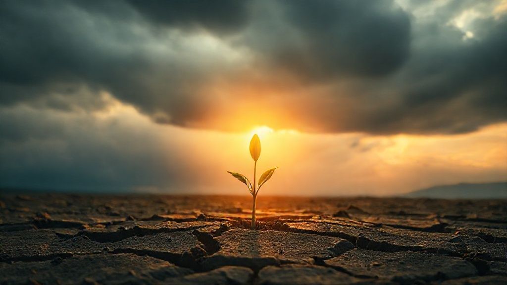 A single, resilient sprout pushing through cracked earth, bathed in golden, ethereal light. Dark, stormy clouds swirl above, yet the sprout glows with inner hope, a 4k cinematic image.
