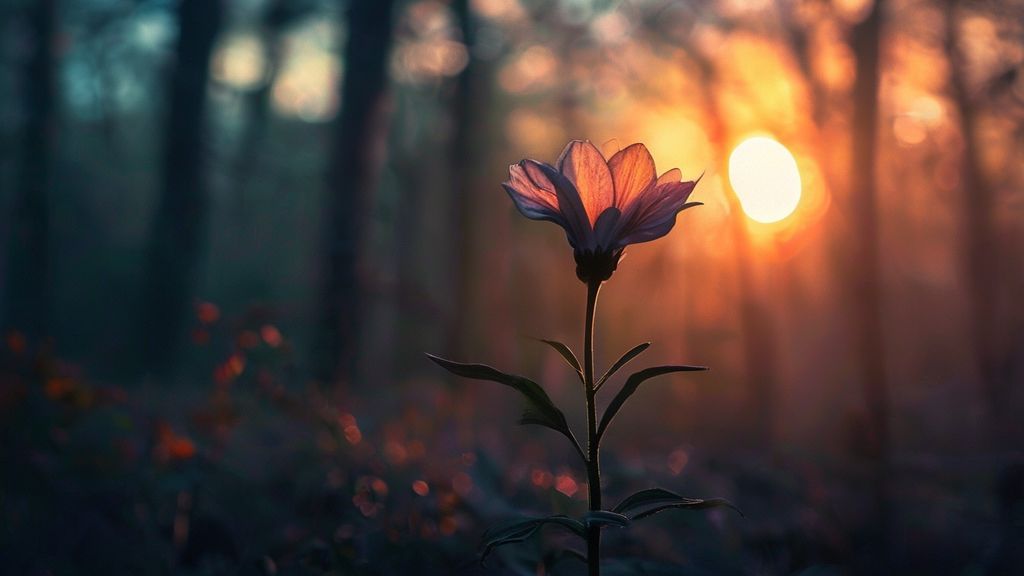 A single, wilting flower blooming in a twilight forest, its petals the colors of a fading sunset. Ethereal light streams through the trees, highlighting the empty space around it.