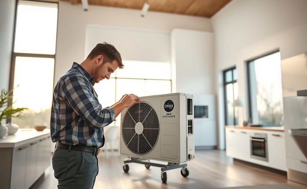 A skilled technician installing a heat pump in a modern home setting.