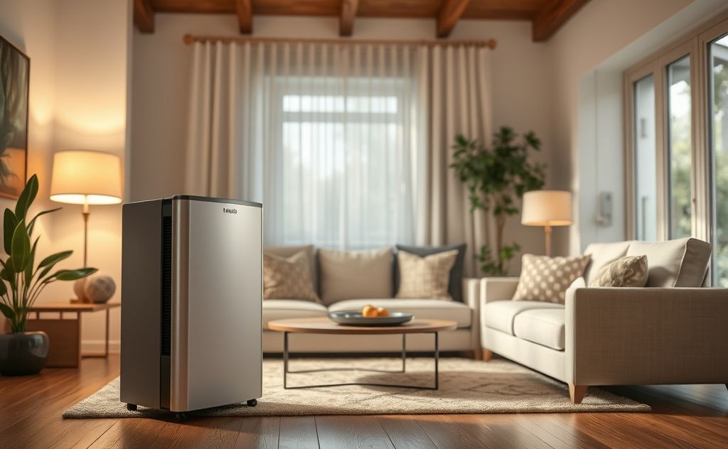 A sleek dehumidifier in a cozy, well-lit living room setting.